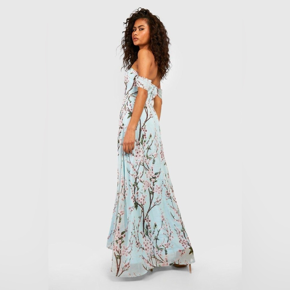 🆕 NWT Boohoo blue floral cherry blossom printed off the shoulder maxi dress - Picture 2 of 12